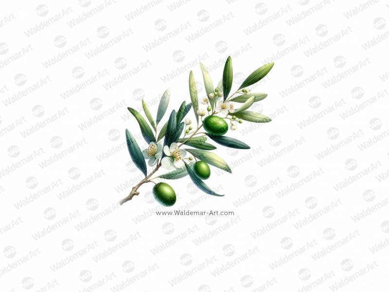 Premium Digital Illustration of a gently bent olive branch with three olives and olive blossoms
