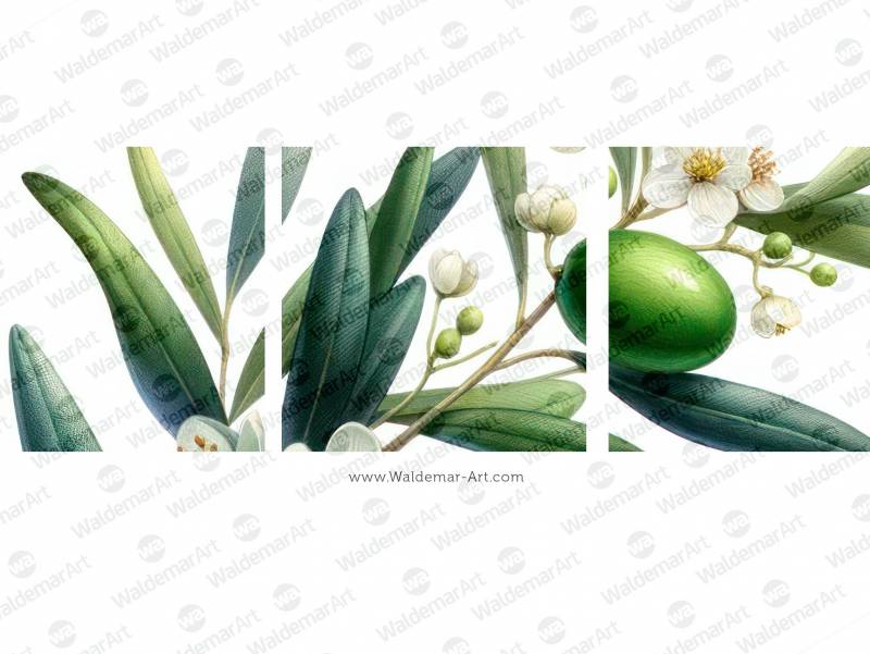 Premium Digital Illustration of a gently bent olive branch with three olives and olive blossoms