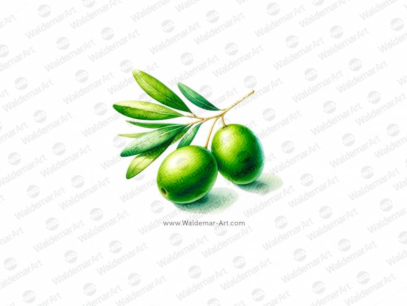 Premium Digital Watercolor illustration with two green olives and leaves