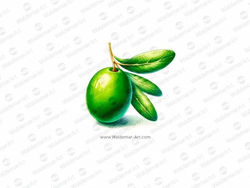 Premium Digital Watercolor Illustration with a single green olive and a leaf on a white background