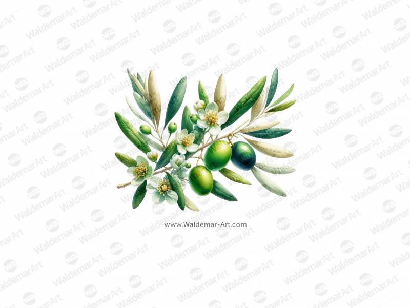 Premium Digital Watercolor Illustration of an olive branch with three olives and authentic olive blossoms