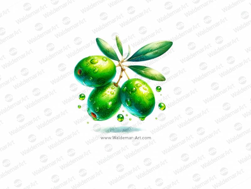 Premium Digital Watercolor Illustration of a cluster of three green olives suspended in mid-air covered by olive oil drops