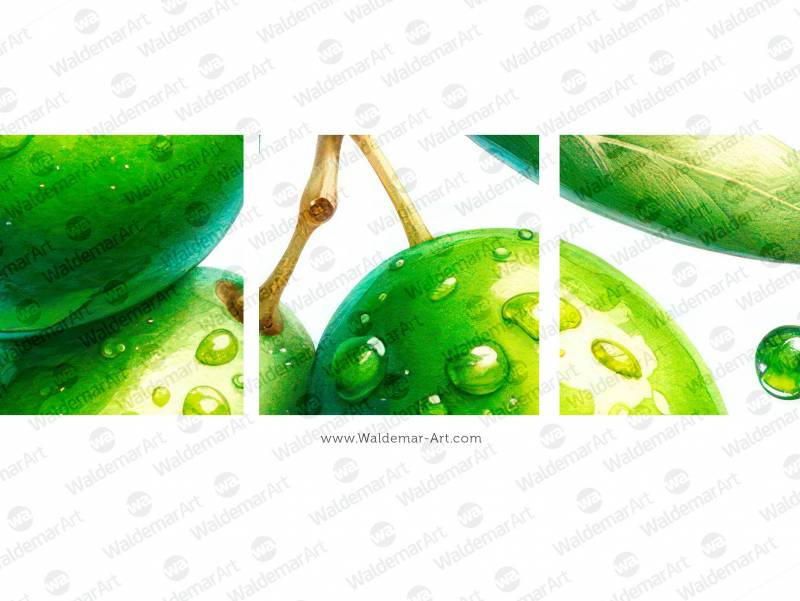 Premium Digital Watercolor Illustration of a cluster of three green olives suspended in mid-air covered by olive oil drops