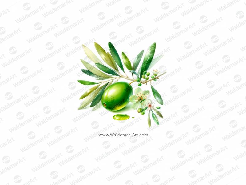 Premium Digital Watercolor Illustration of a single green olive, accompanied by a few small leaves and blossoms