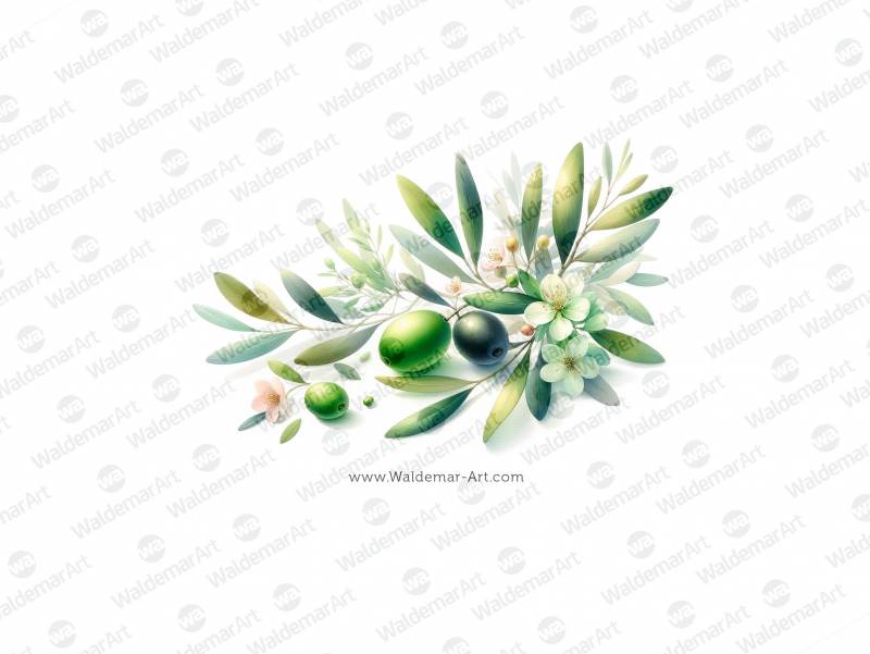 Premium Digital Watercolor Illustration of a single green olive and one black olive, surrounded by several tender leaves