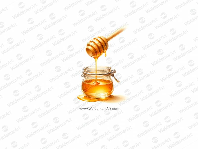 Wooden honey dipper with honey dripping into a small, clear glass jar premium digital illustration