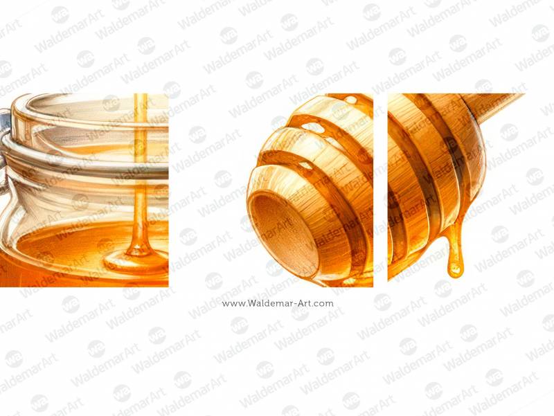 Wooden honey dipper with honey dripping into a small, clear glass jar premium digital illustration