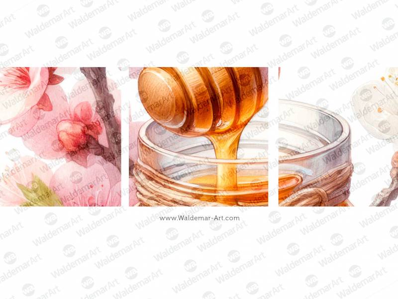 Dipper with honey dripping into a small glass jar, surrounded by cherry blossoms premium digital illustration