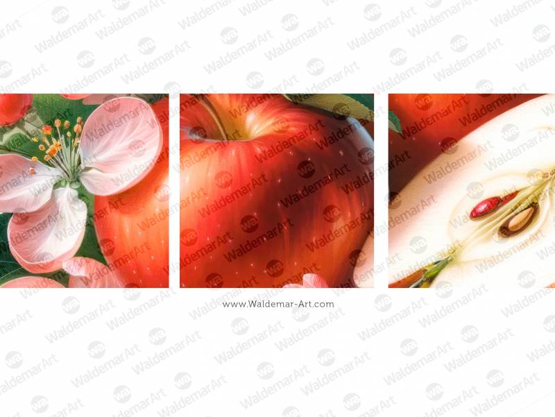Two red apples, a slice of a red apple, and some delicate apple blossoms premium digital watercolor illustration