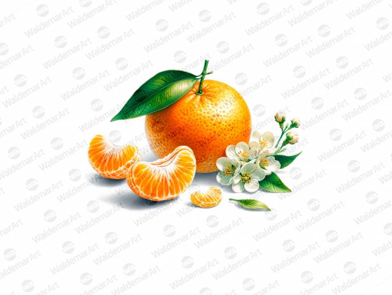 Premium Digital Watercolor Illustration featuring a whole clementine, one peeled clementine slice and a few clementine blossoms