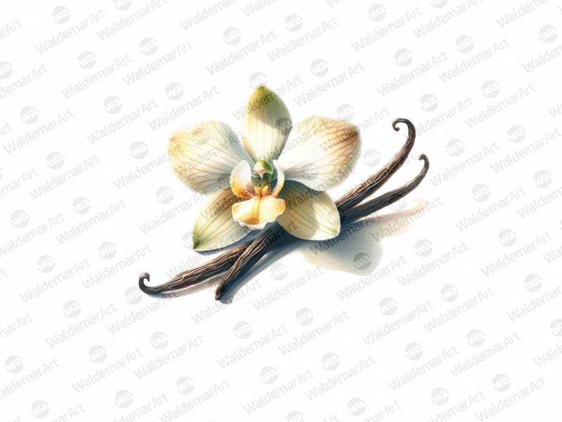 Premium Digital Watercolor Illustration with a single vanilla orchid and two vanilla sticks on a white background.