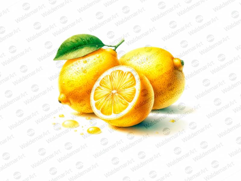 Premium Digital Watercolor Illustration featuring two lemons and one sliced lemon on a pure white background