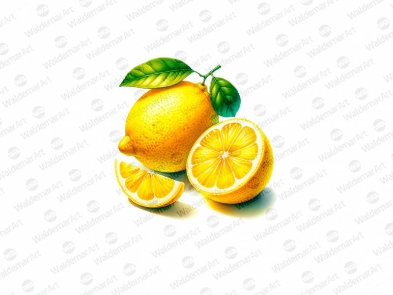 Premium Digital Watercolor Illustration of a whole lemon with two leaves and a half-sliced lemon