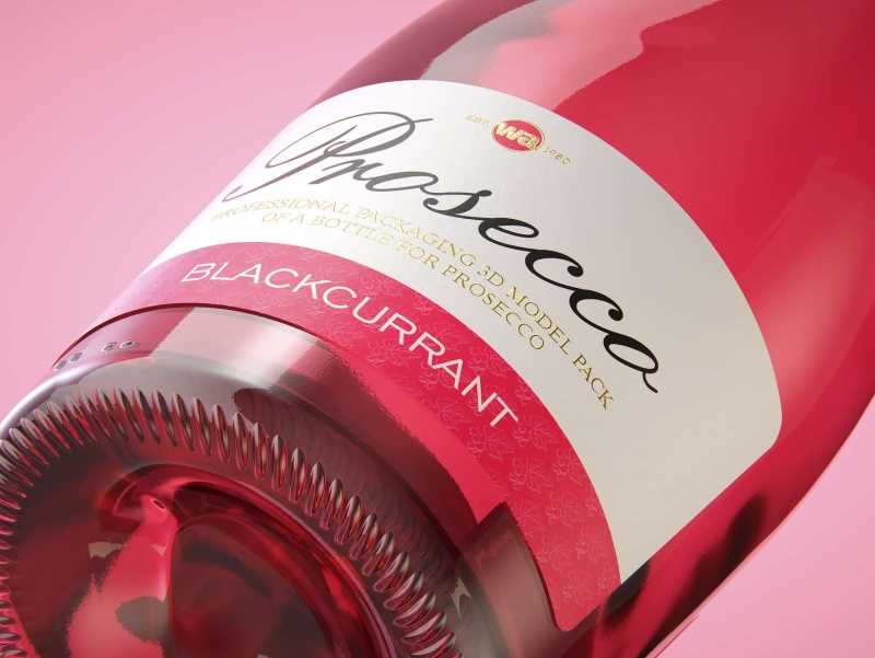 Prosecco (Frizzante) glass bottle 3D model 750ml with Crown cork and glass of fruit wine