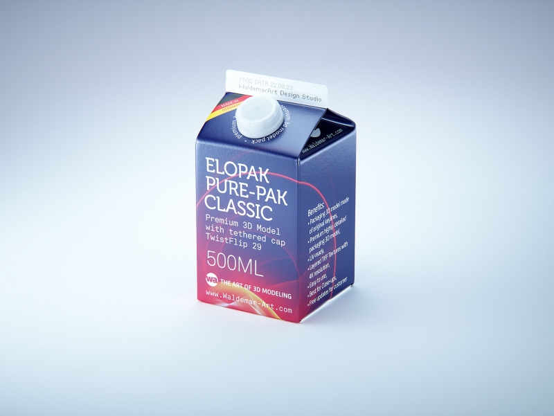 Premium milk packaging 3D model of Elopak Pure-Pak Classic 500ml with tethered cap TwistFlip 29
