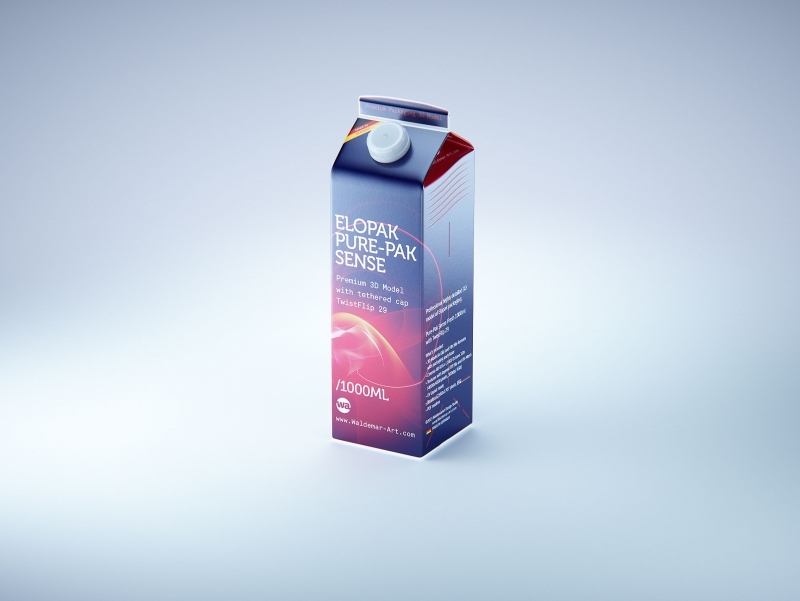 Premium milk packaging 3D model of Elopak Pure-Pak Sense 1000ml with tethered cap TwistFlip 29