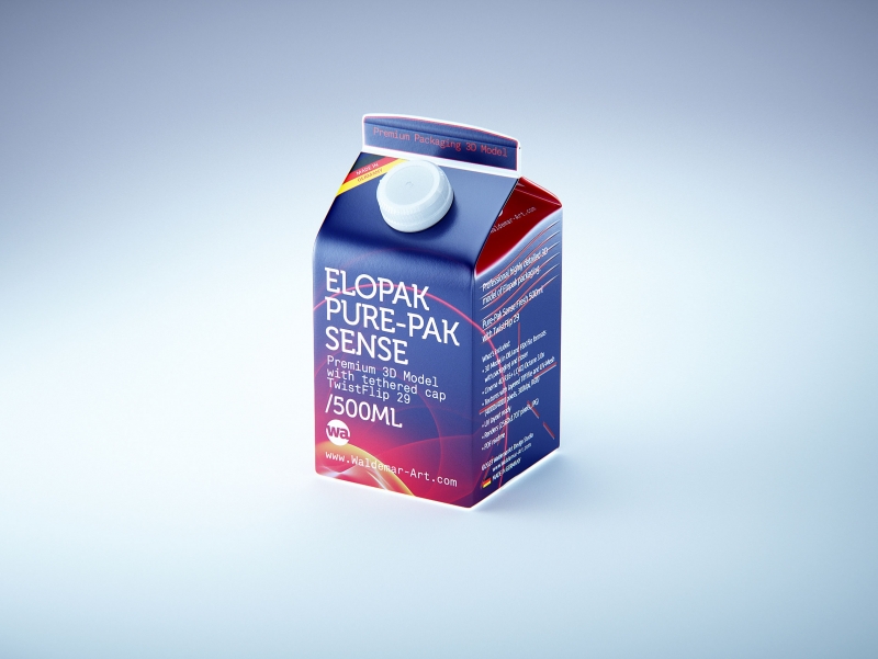 Premium milk packaging 3D model of Elopak Pure-Pak Sense 500ml with tethered cap TwistFlip 29