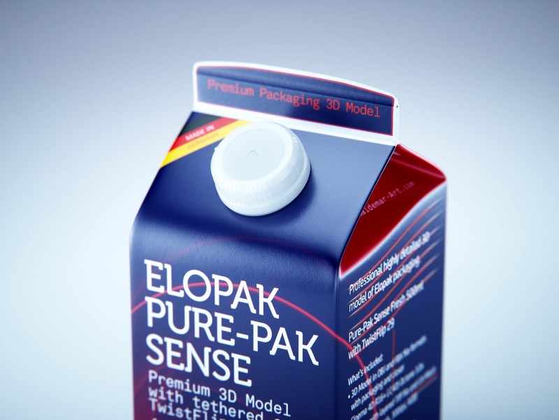 Premium milk packaging 3D model of Elopak Pure-Pak Sense 500ml with tethered cap TwistFlip 29