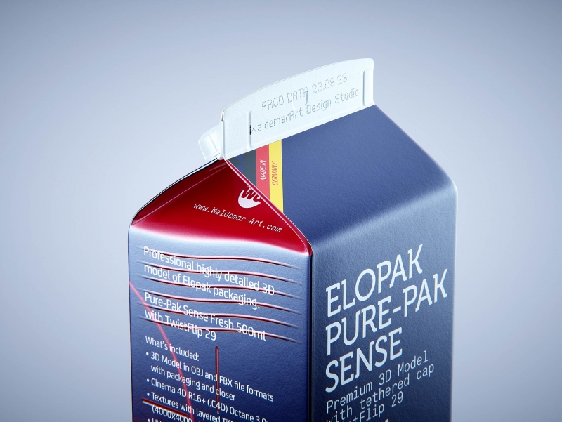 Premium milk packaging 3D model of Elopak Pure-Pak Sense 500ml with tethered cap TwistFlip 29