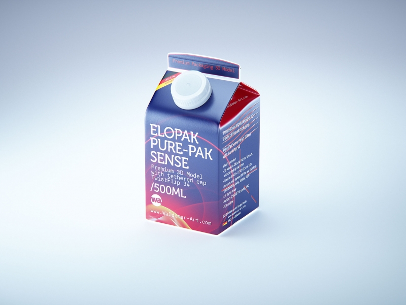 Premium milk carton packaging 3D model of Elopak Pure-Pak Sense 500ml with tethered cap TwistFlip 34