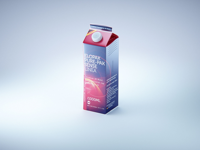 Premium carton packaging 3D model of Elopak Pure-Pak Sense Linea 1000ml with tethered cap TwistFlip 29