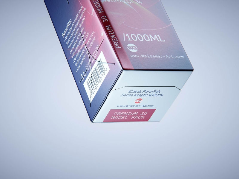 Premium carton packaging 3D model of Elopak Pure-Pak Sense Linea 1000ml with tethered cap TwistFlip 34