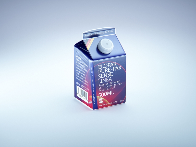 Premium carton packaging 3D model of Elopak Pure-Pak Sense Linea 500ml with tethered cap TwistFlip 29