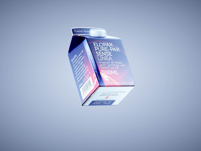 Premium carton packaging 3D model of Elopak Pure-Pak Sense Linea 500ml with tethered cap TwistFlip 29