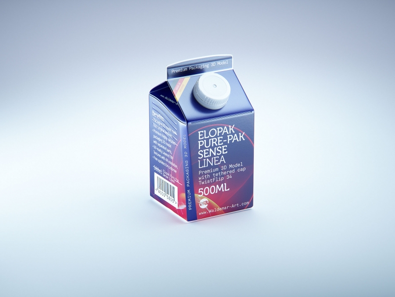 Premium carton packaging 3D model of Elopak Pure-Pak Sense Linea 500ml with tethered cap TwistFlip 34