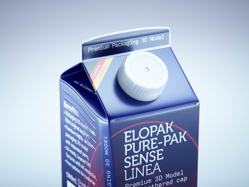 Premium carton packaging 3D model of Elopak Pure-Pak Sense Linea 500ml with tethered cap TwistFlip 34