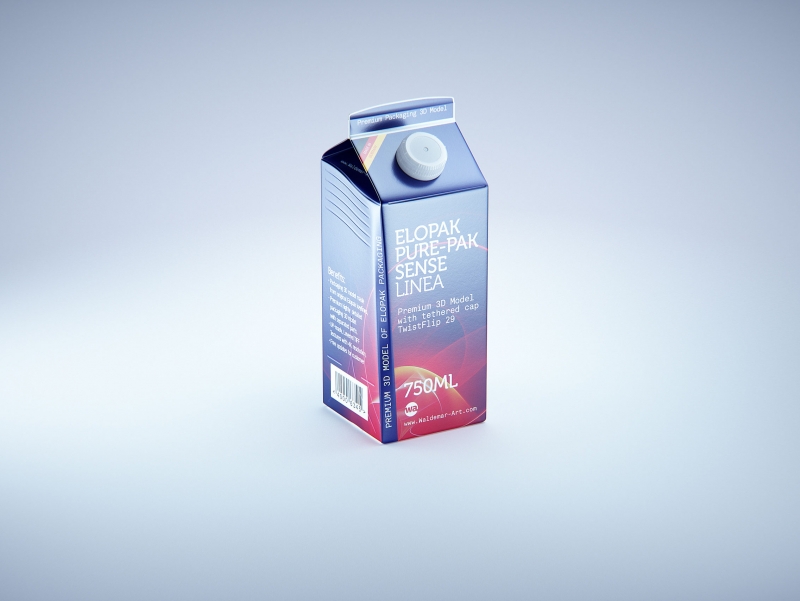 Premium carton packaging 3D model of Elopak Pure-Pak Sense Linea 750ml with tethered cap TwistFlip 29