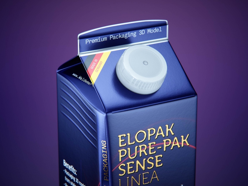 Premium carton packaging 3D model of Elopak Pure-Pak Sense Linea 750ml with tethered cap TwistFlip 34