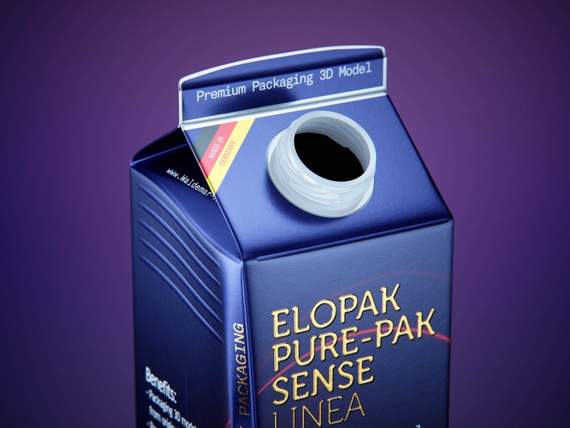 Premium carton packaging 3D model of Elopak Pure-Pak Sense Linea 750ml with tethered cap TwistFlip 34