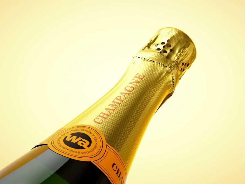 Champagne bottle 750ml 3d model for sparkling wine, with foil, labels, champagne cork and glass of sparkling wine