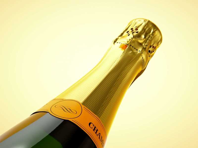 Champagne bottle 750ml 3d model for sparkling wine, with foil, labels, champagne cork and glass of sparkling wine