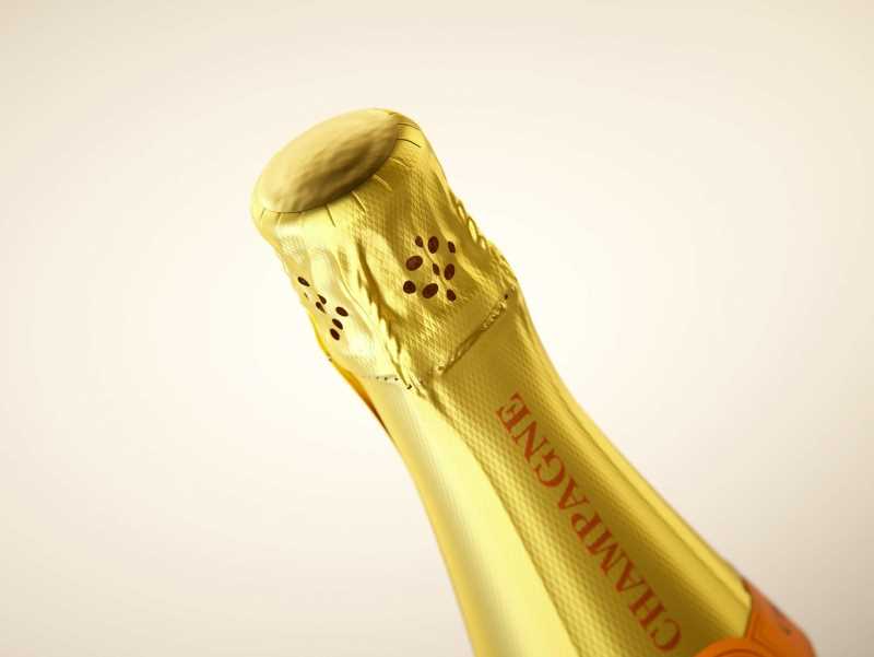 Champagne bottle 750ml 3d model for sparkling wine, with foil, labels, champagne cork and glass of sparkling wine