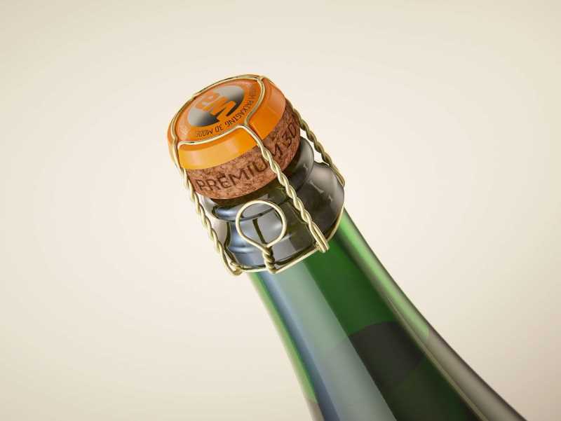 Champagne bottle 750ml 3d model for sparkling wine, with foil, labels, champagne cork and glass of sparkling wine