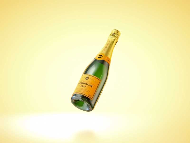 Champagne bottle 750ml 3d model for sparkling wine, with foil, labels, champagne cork and glass of sparkling wine