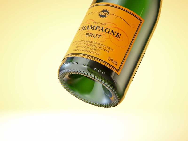 Champagne bottle 750ml 3d model for sparkling wine, with foil, labels, champagne cork and glass of sparkling wine