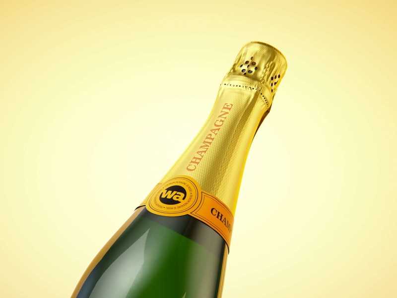 Champagne bottle 750ml 3d model for sparkling wine, with foil, labels, champagne cork and glass of sparkling wine