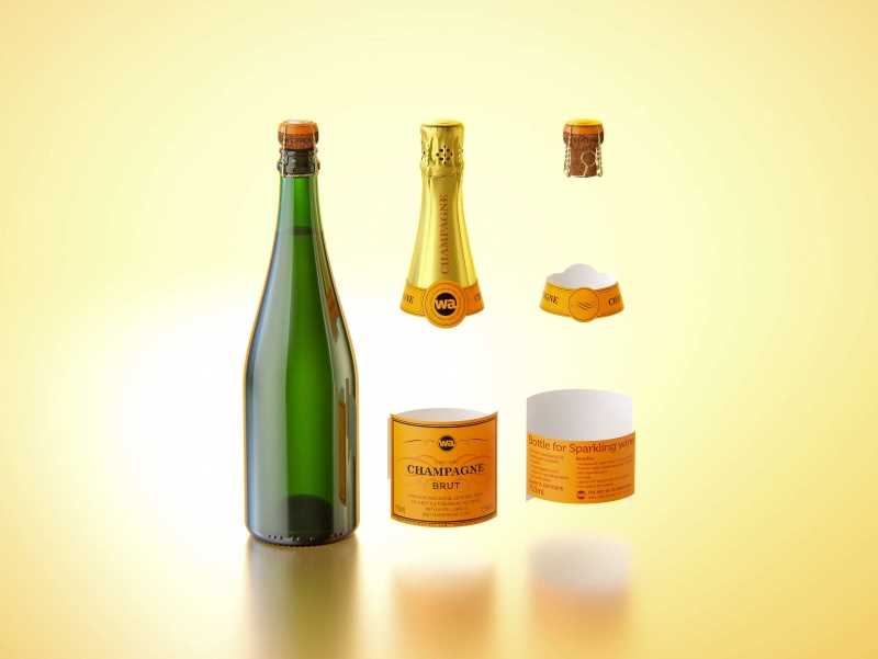 Champagne bottle 750ml 3d model for sparkling wine, with foil, labels, champagne cork and glass of sparkling wine