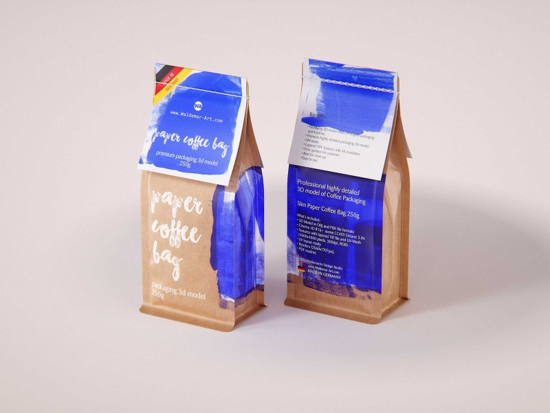 Slim Coffee Paper bag 250g with stitches and a label premium packaging 3d model