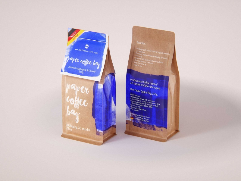 Slim Coffee Paper bag 250g with stitches and a label premium packaging 3d model