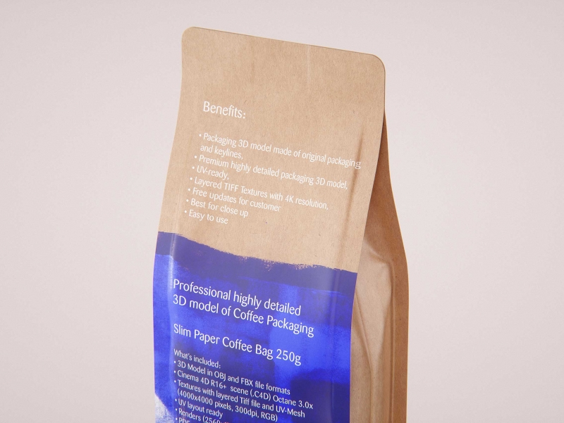 Slim Coffee Paper bag 250g with stitches and a label premium packaging 3d model