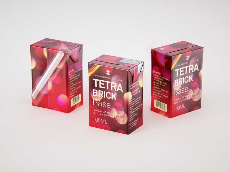 Tetra Pak Brick Base 100ml with Pull Tab and a packaged straw packaging 3d model pak