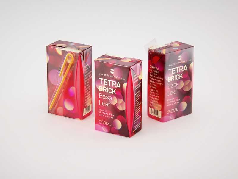 Tetra Brick Base Leaf 250ml with a Straw packaging 3d model pak