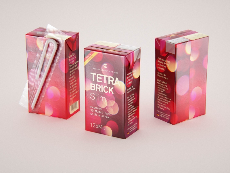 Tetra Pack Brick Slim 125ml with Pull Tab and a packaged straw packaging 3d model pak