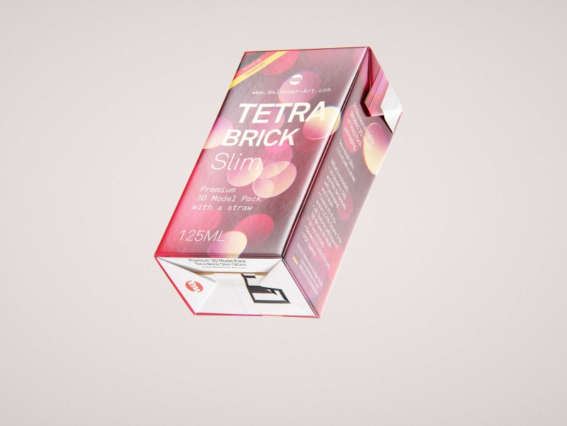Tetra Pack Brick Slim 125ml with Pull Tab and a packaged straw packaging 3d model pak