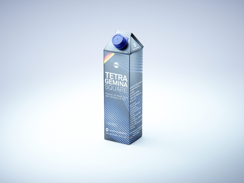 Premium carton packaging 3D model of Tetra Gemina Square 1000ml with tethered cap HeliCap 26 Pro
