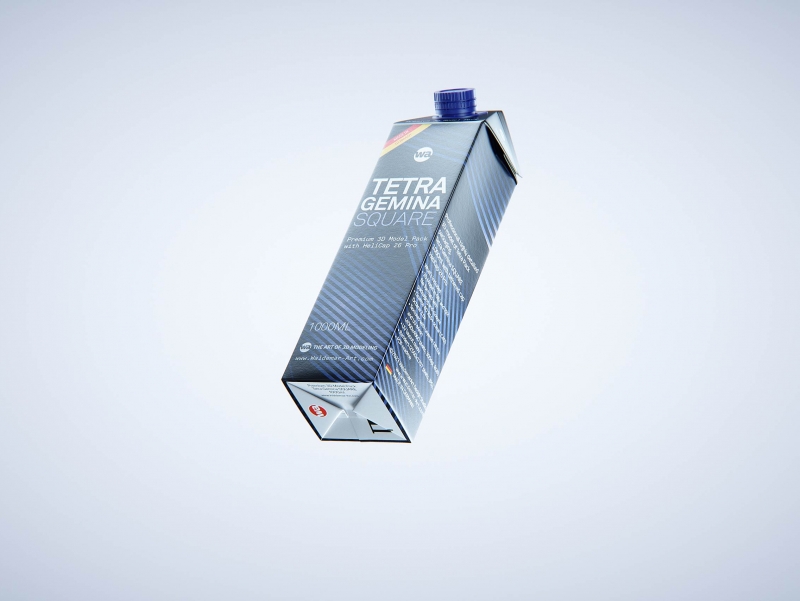 Premium carton packaging 3D model of Tetra Gemina Square 1000ml with tethered cap HeliCap 26 Pro